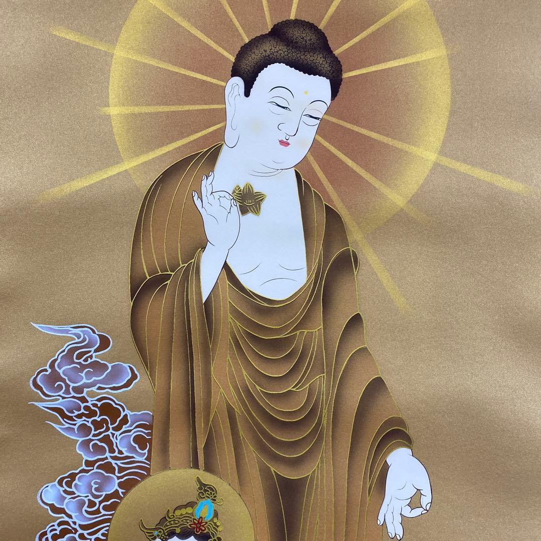 美品 掛け軸 高橋如水作 金地 阿弥陀三尊仏 共箱 仏画 年中掛け 仏教美術