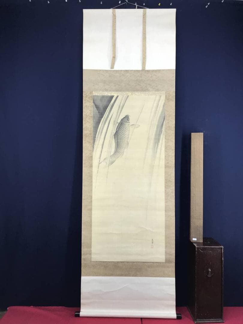 真作/中島来章/鯉図/コイ図/登龍門/滝に鯉図/花鳥図/掛軸☆宝船☆AH-659