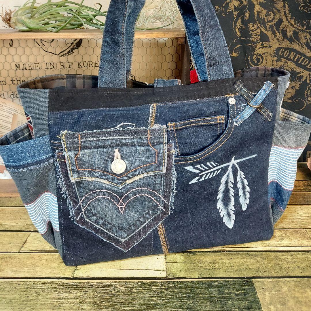 【Kal】大きな刺繍デニムバック　No.651　デニムリメイク　特大バック