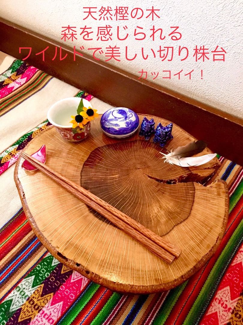 天然樫の木で作成【森を感じられる美しい切り株台】ちゃぶ台/インテリア台/薪割り台