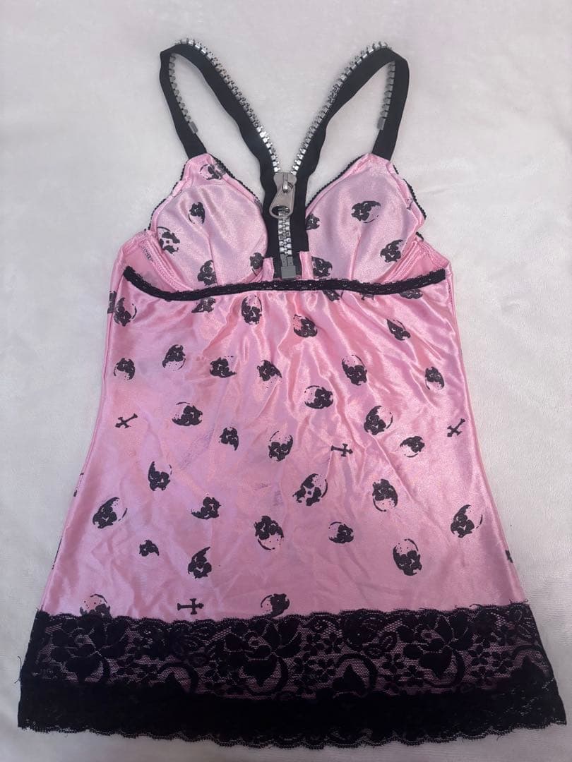 ♡tutuHA♡スカル柄 ビッグジップ キャミソール ピンク