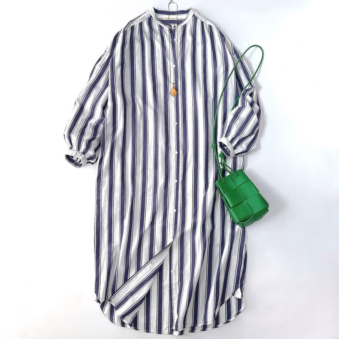 綾*様 美品⁑ヌキテパ　インドコットン　バンドカラーロングシャツワンピース　スト