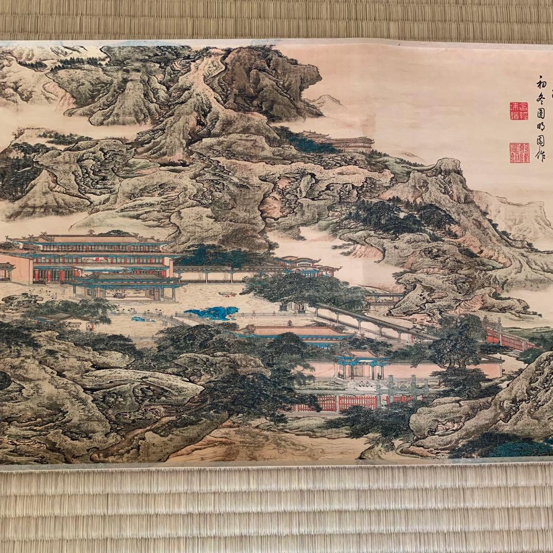 中国絵画　清国　名家　 表江 「阿房宮」 山水絵　国画　巻物　巻き絵