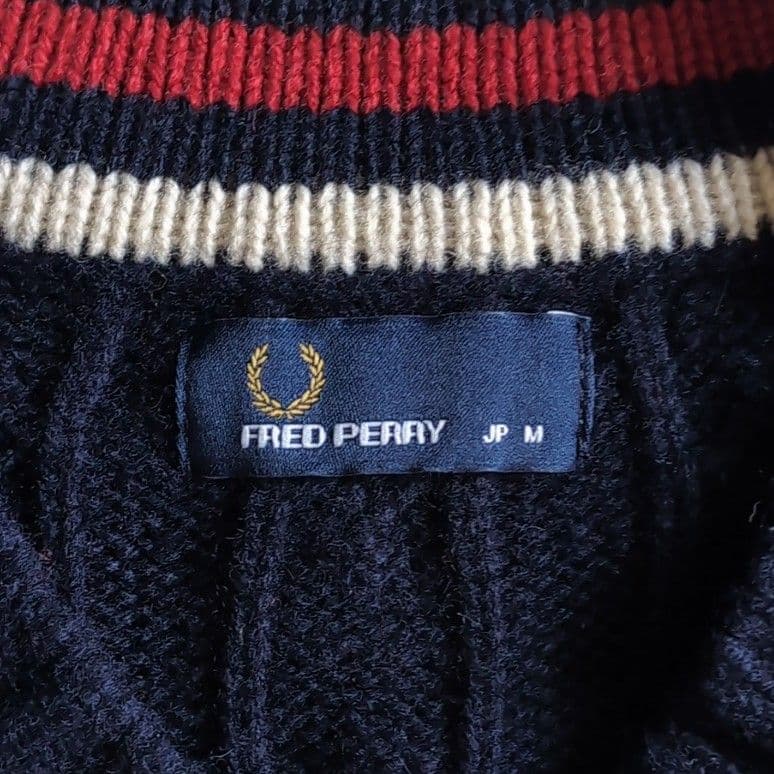 美品 フレッドペリー ウール ケーブル チルデンニット M ネイビー