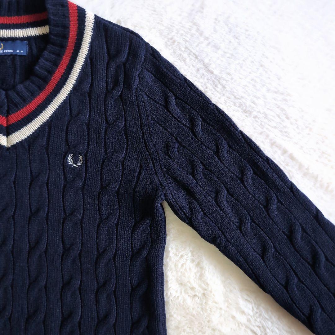 美品 フレッドペリー ウール ケーブル チルデンニット M ネイビー