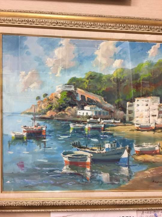 バルセロナの海岸肉筆画真筆寸法72センチ×60センチ額縁付き