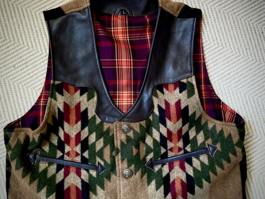 ウエスタン ナバホ柄 本革 ウール レザーベスト 新品 メンズ サイズL ￼