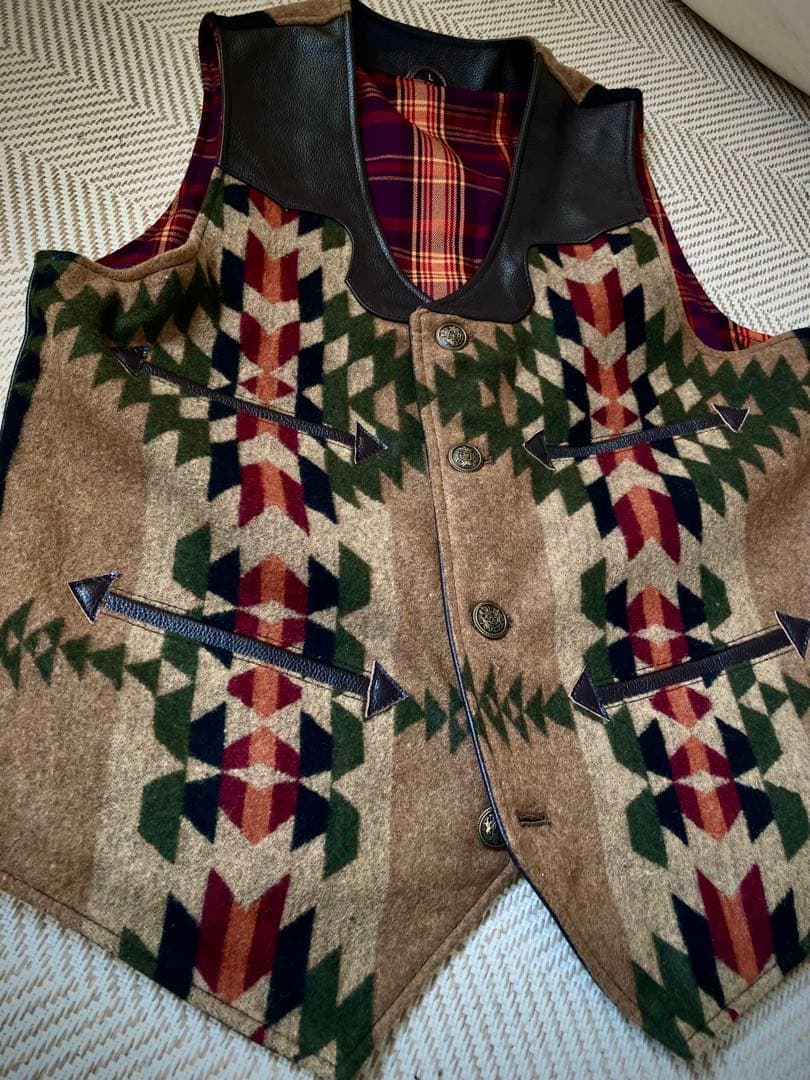 ウエスタン ナバホ柄 本革 ウール レザーベスト 新品 メンズ サイズL ￼