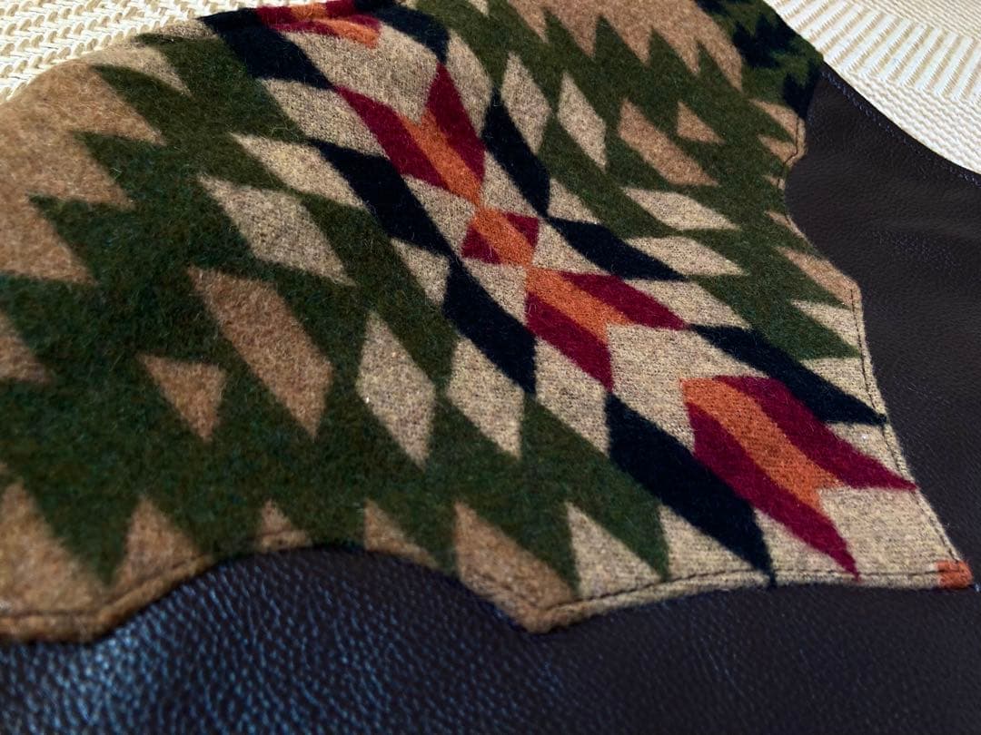 ウエスタン ナバホ柄 本革 ウール レザーベスト 新品 メンズ サイズL ￼