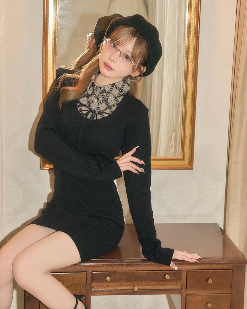 ミシェルマカロン シャツレイヤード風ニットワンピース