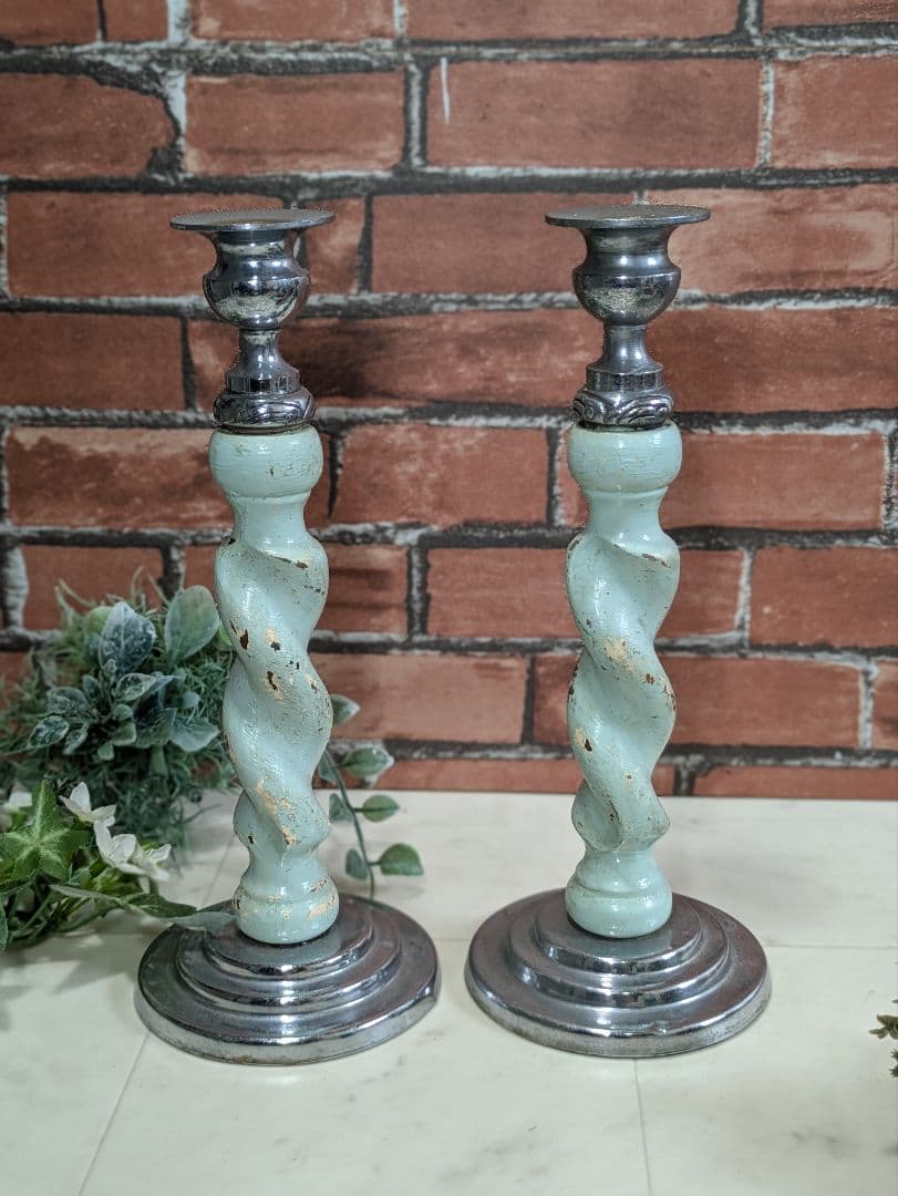 イギリス アンティーク 木製 キャンドルスタンド ペア