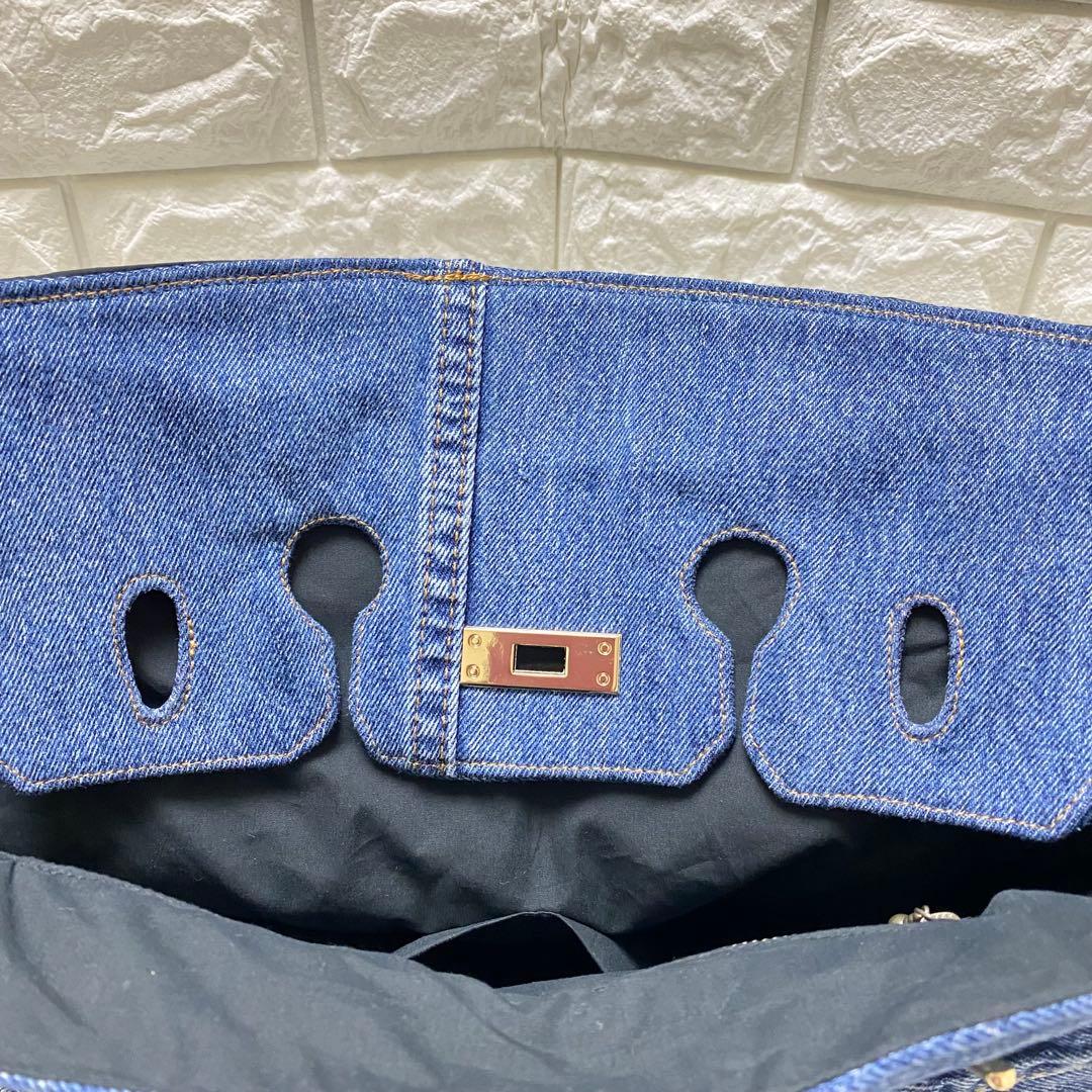 デニムリメイク フラップ付きトートバッグ　【Mサイズ】ミディアムブルー