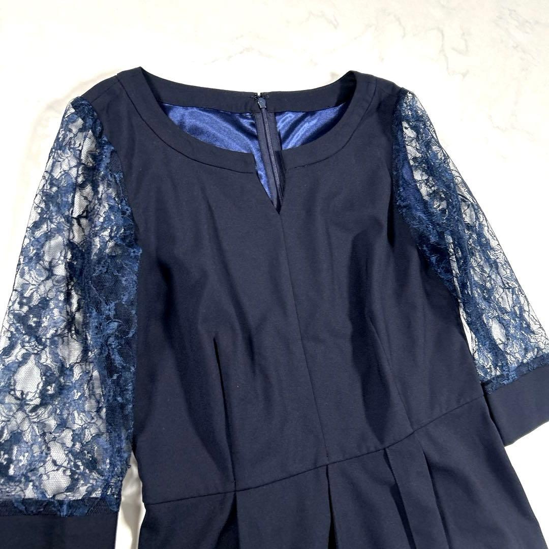 PourVous　ミモレ丈＆七分袖フォーマルパンツレイヤード　ドレス　ネイビー