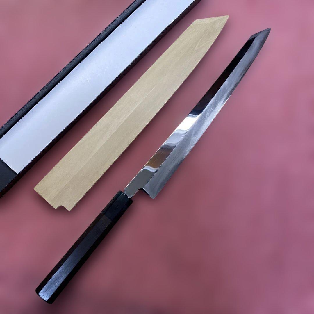 銀三　勘所切付柳刃包丁　300㎜ 尺0寸鞘付き