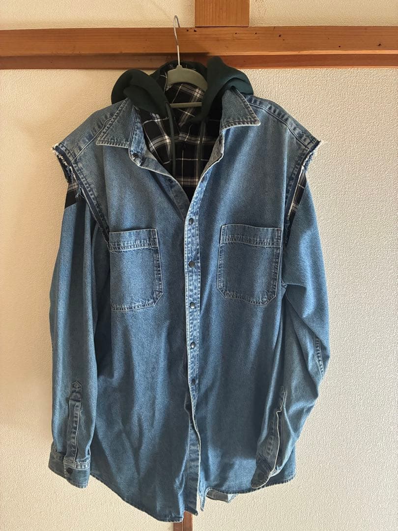 BALENCIAGAバレンシアガツインセット レイヤードデニム切替チェックシャツ