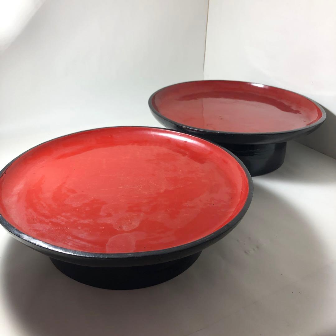 籠胎朱彩籠　装飾的な漆器ボウル 中型 黒赤とキンマ独楽丸蓋物の2点セット