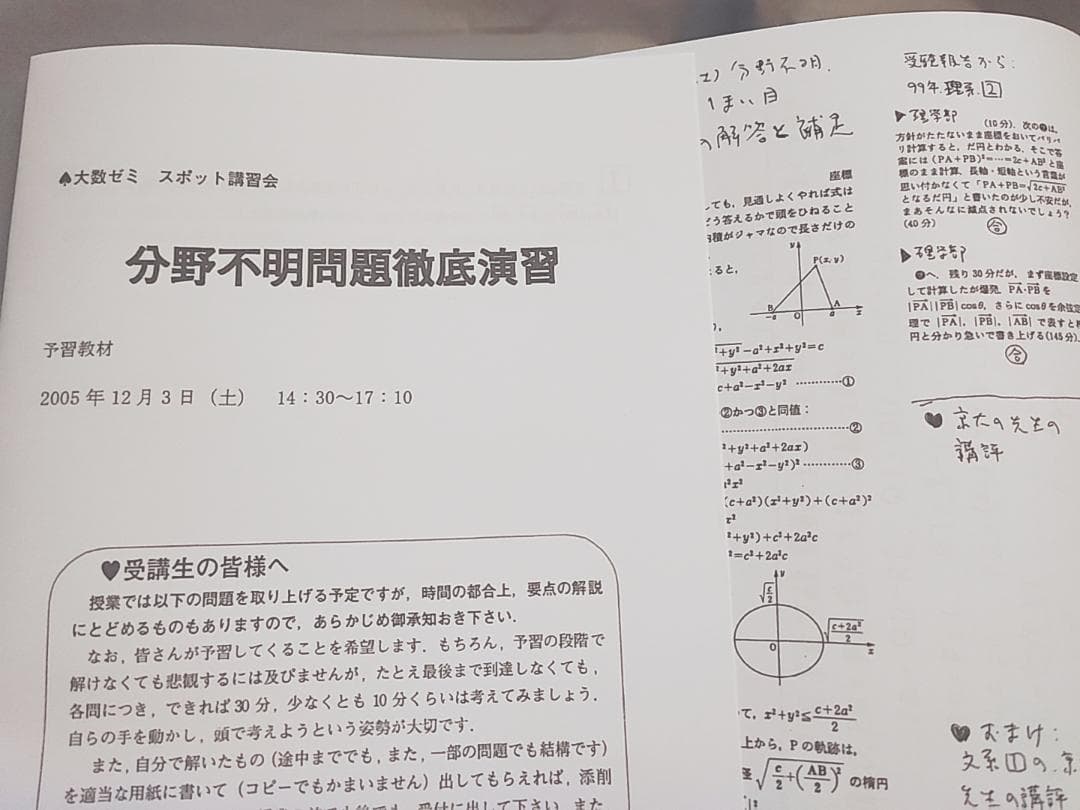 大数ゼミ　分野不明問題徹底演習　プリント　板書　河合塾　駿台　鉄緑会　数学　東進