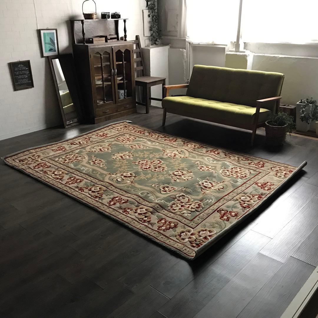 花柄 和風 ラグ ラグマット 段通 絨毯170×240cm グリーン