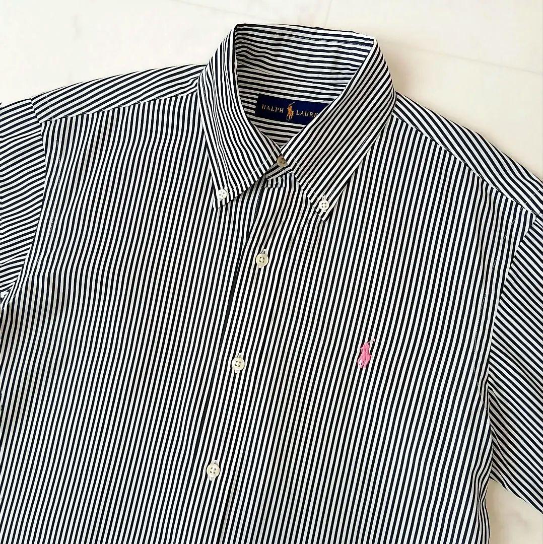 美品 ラルフローレン 上質 コットン 洗える ストライプ ボタンダウンシャツ 黒