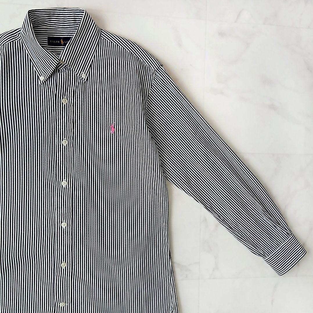 美品 ラルフローレン 上質 コットン 洗える ストライプ ボタンダウンシャツ 黒