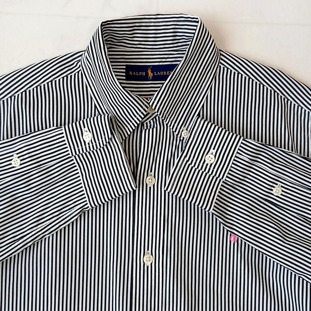 美品 ラルフローレン 上質 コットン 洗える ストライプ ボタンダウンシャツ 黒