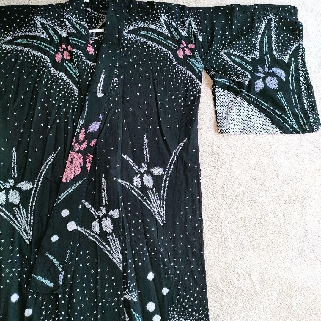 【手絞り浴衣】黒地 花柄 有松絞り 綿素材 レトロモダン