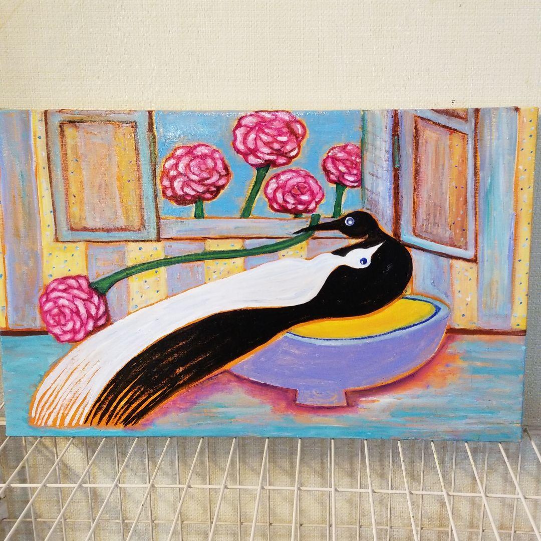 油絵　専用　バラを捧げる鳥 　横53.3cm