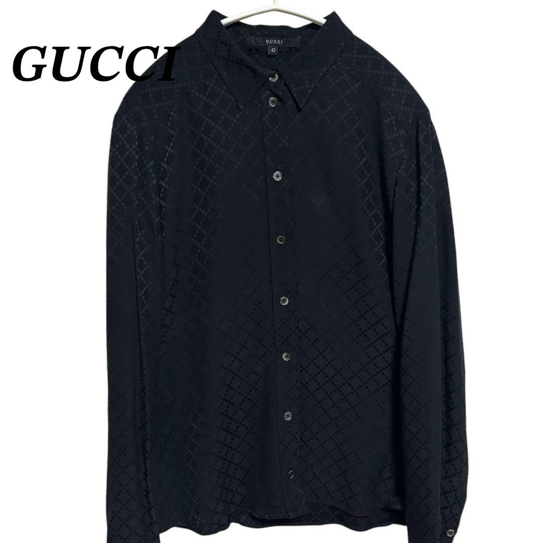 GUCCI グッチ　長袖シャツ　総柄　ブラック　 美品　ロゴボタン　シャツ