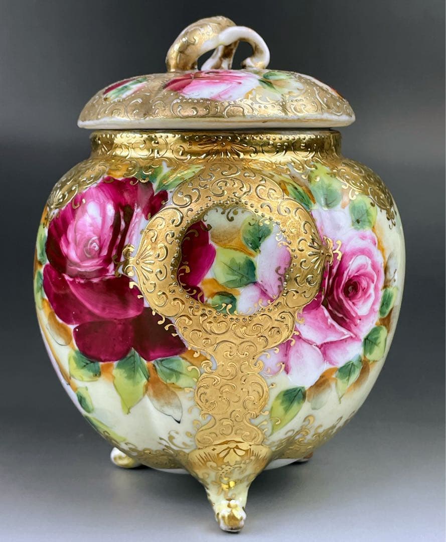 【訳あり】オールドニッポン バラ紋 ビスケットジャー クッキージャー 金盛り