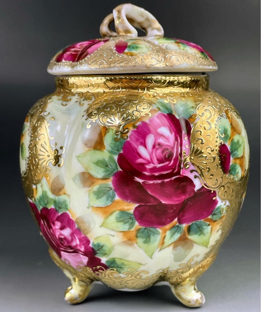 【訳あり】オールドニッポン バラ紋 ビスケットジャー クッキージャー 金盛り