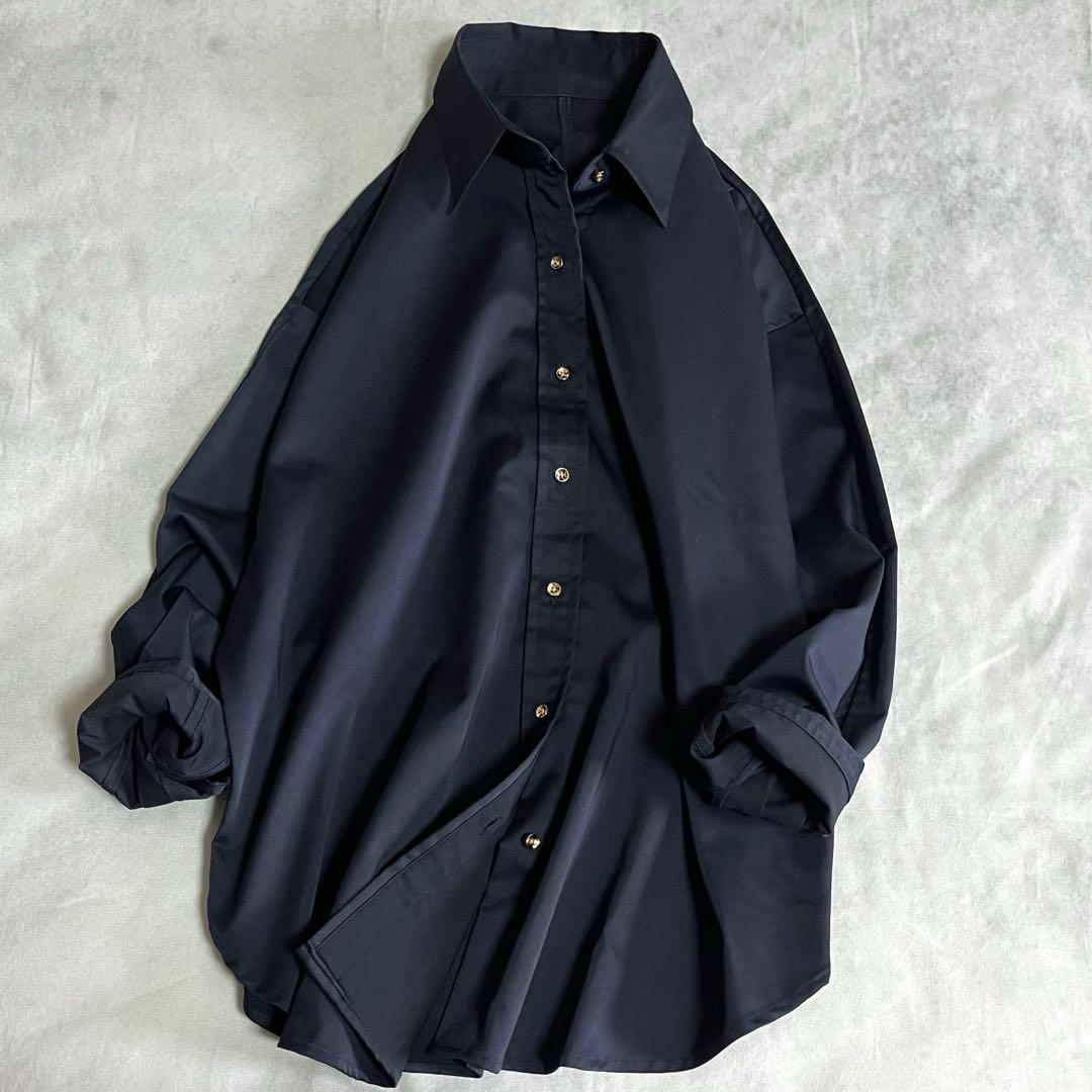 極美品❤️LOUNGEDRESS ラウンジドレス サテンBIGシャツ ネイビー　艶
