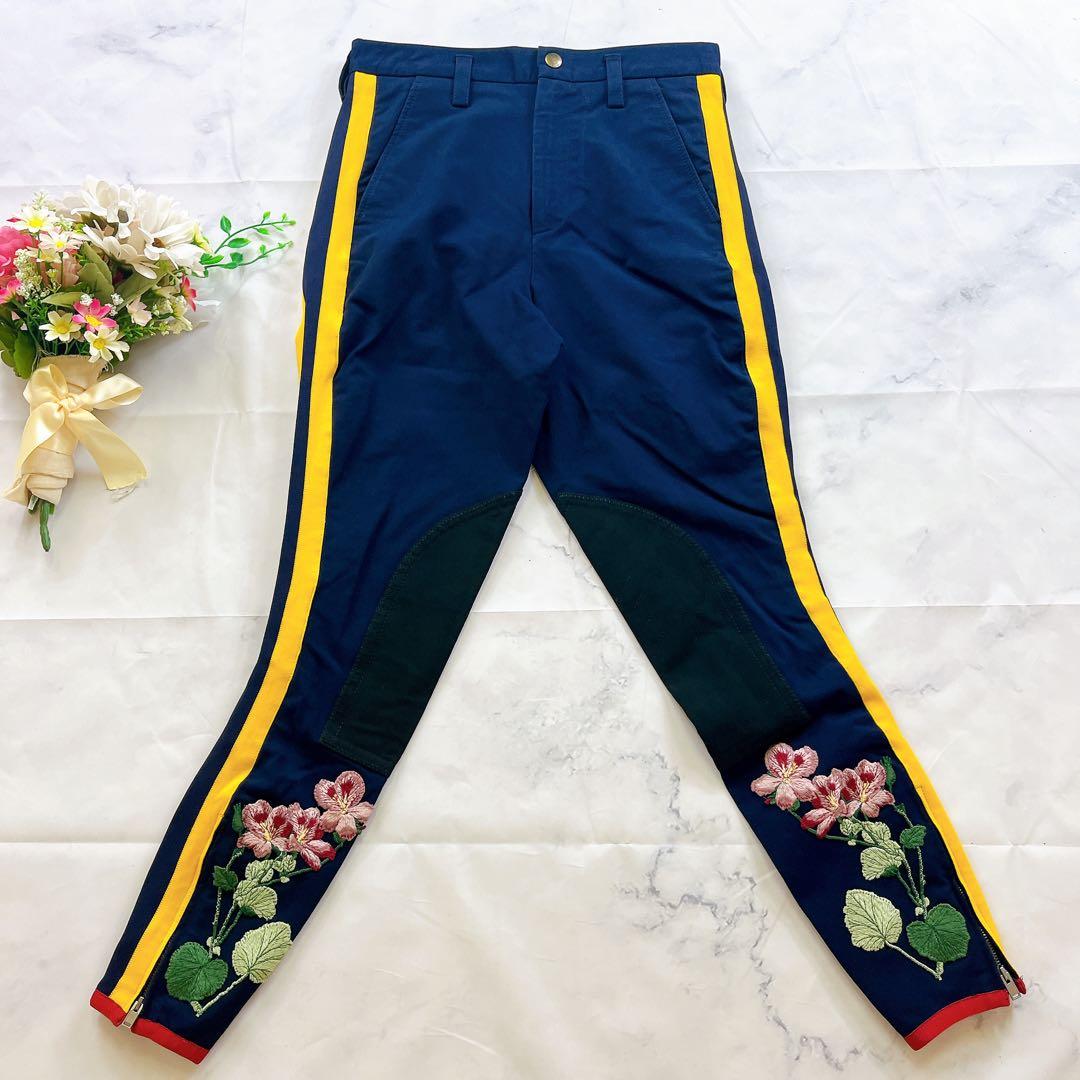 極美品✨GUCCI 現行タグ 刺繍 フラワー ボタニカル パンツ ネイビー紺色