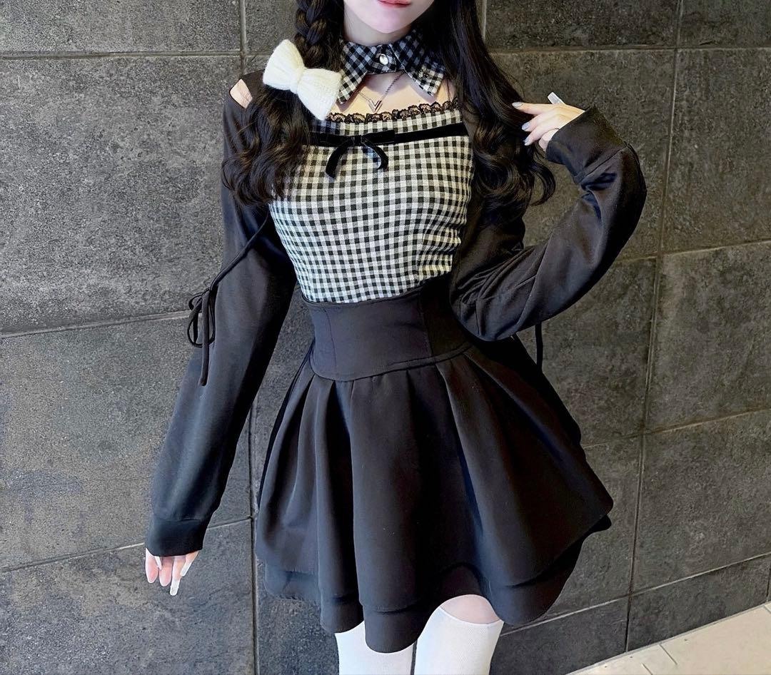 HONEY MEW リボンスリットギンガムアンサンブルトップス ブラック