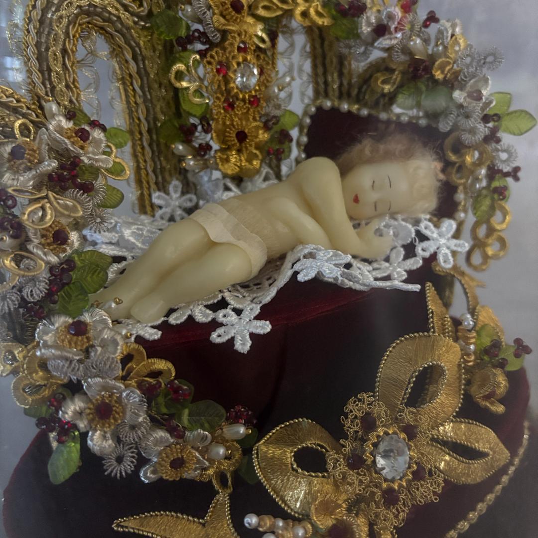 アンティーク 幼子イエス像 ガラスドーム入り フランス宗教工芸品