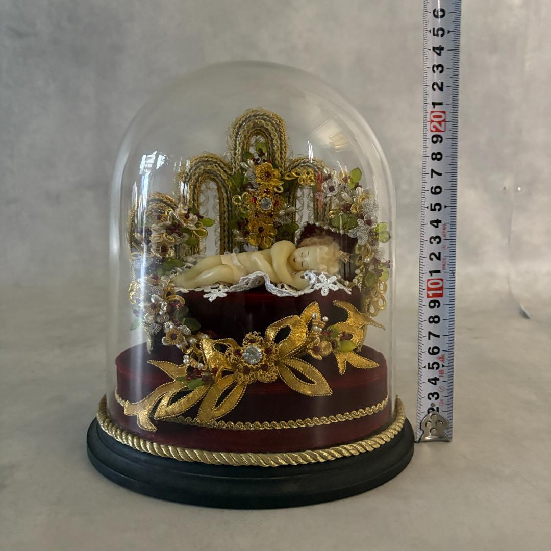 アンティーク 幼子イエス像 ガラスドーム入り フランス宗教工芸品