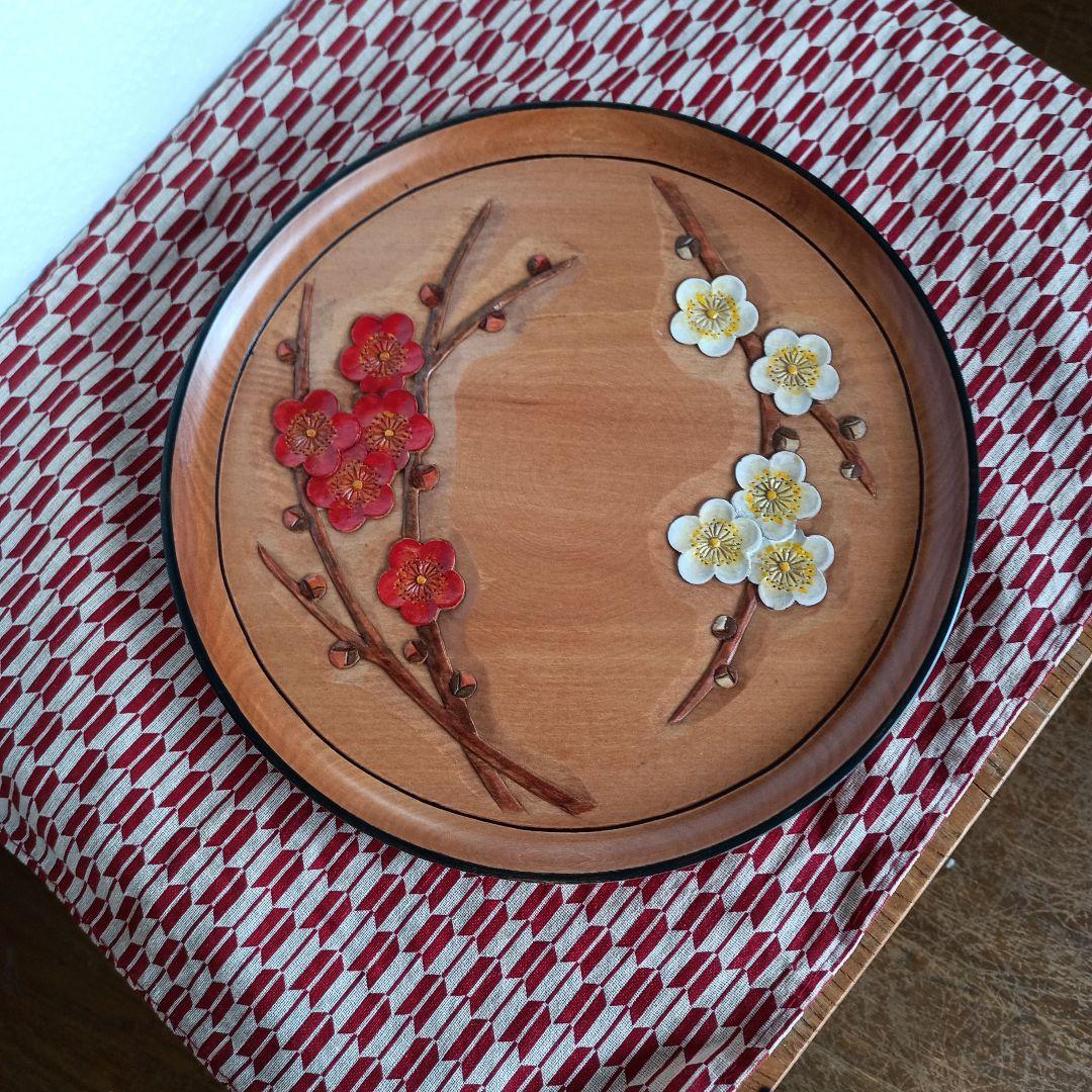 日光彫り8寸丸盆　紅梅白梅図　まるり様ご注文品です+ティッシュボックス　２点