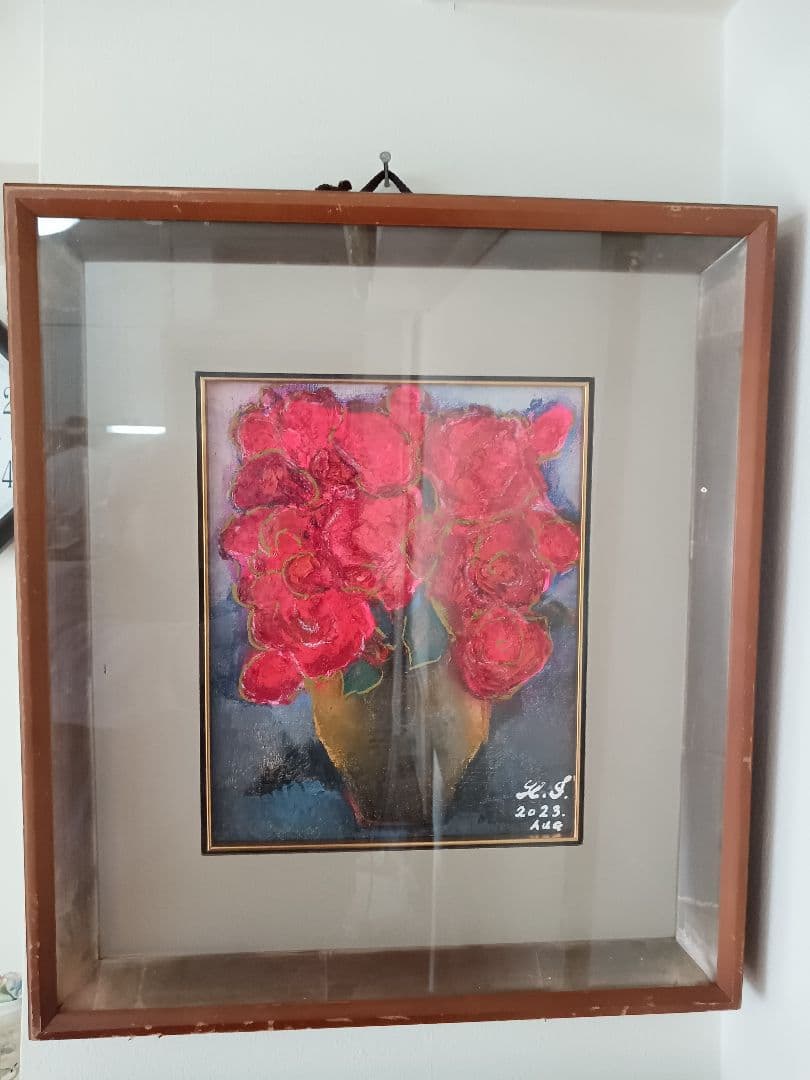 油絵、Ｆ4号額入り、薔薇の花