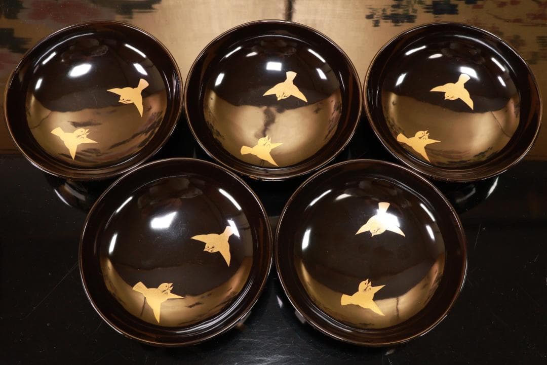 輪島塗　図替わり　草花蒔絵　吸物椀　五客　木製　BJ119