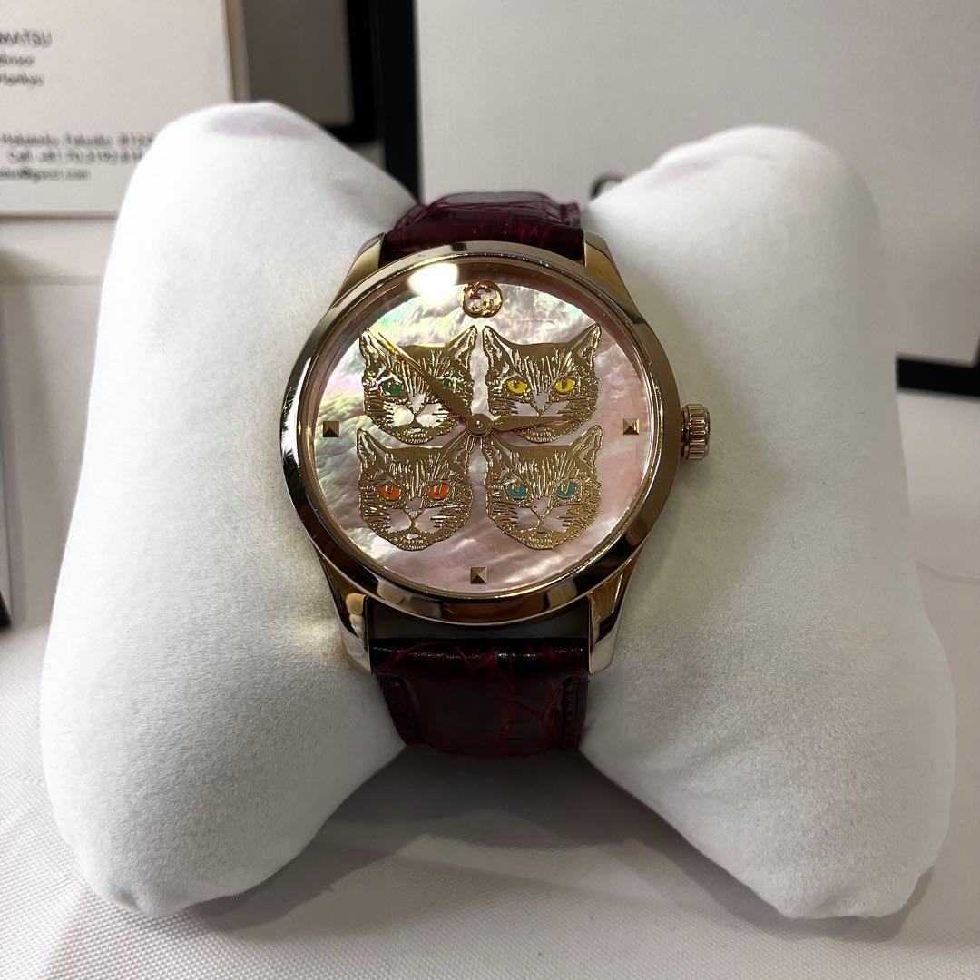 グッチ Gタイムレス 4キャットヘッド イエローゴールドPVD ピンク