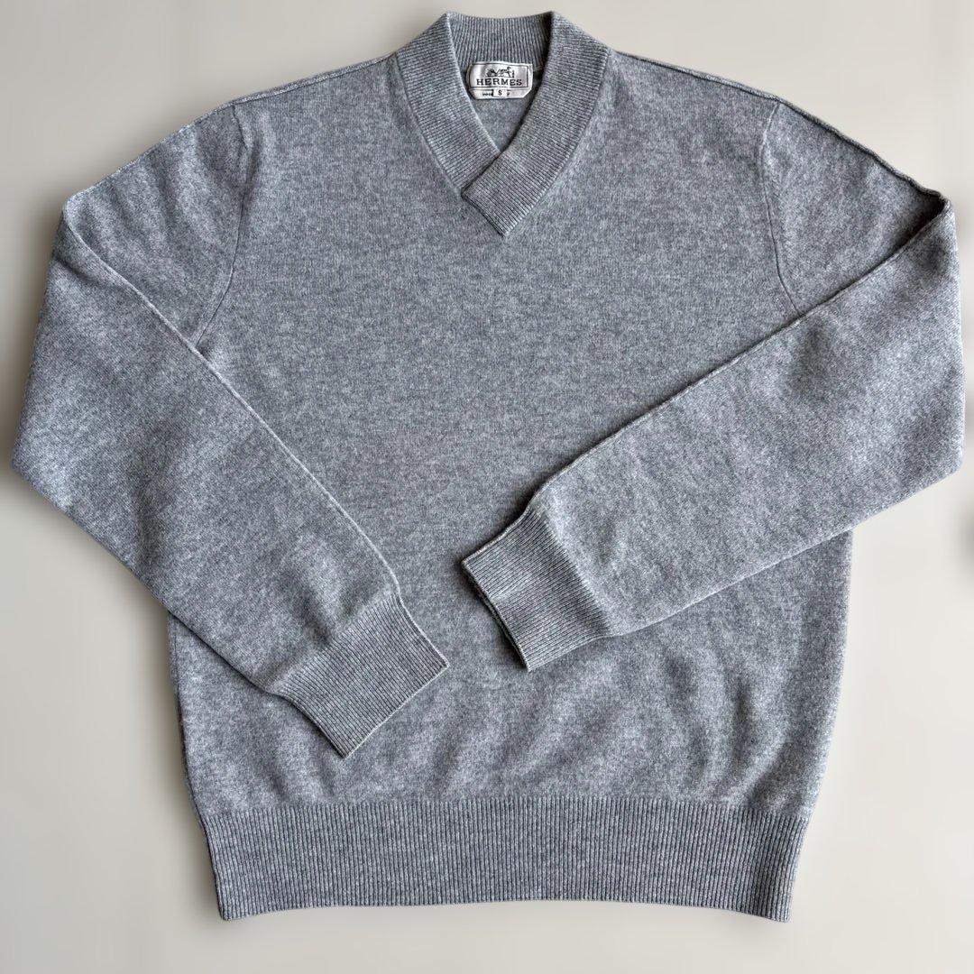HERMES グレー Vネック カシミヤセーター　　Sサイズ