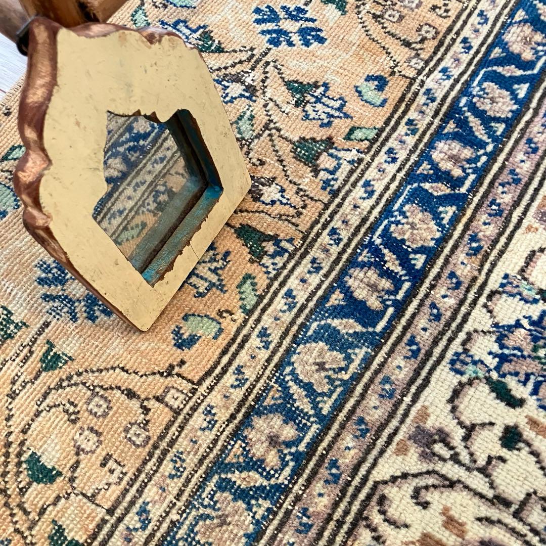 密織　繊細　デニムネイビー　淡いイエロークリームベージュ　トルコヴィンテージラグ