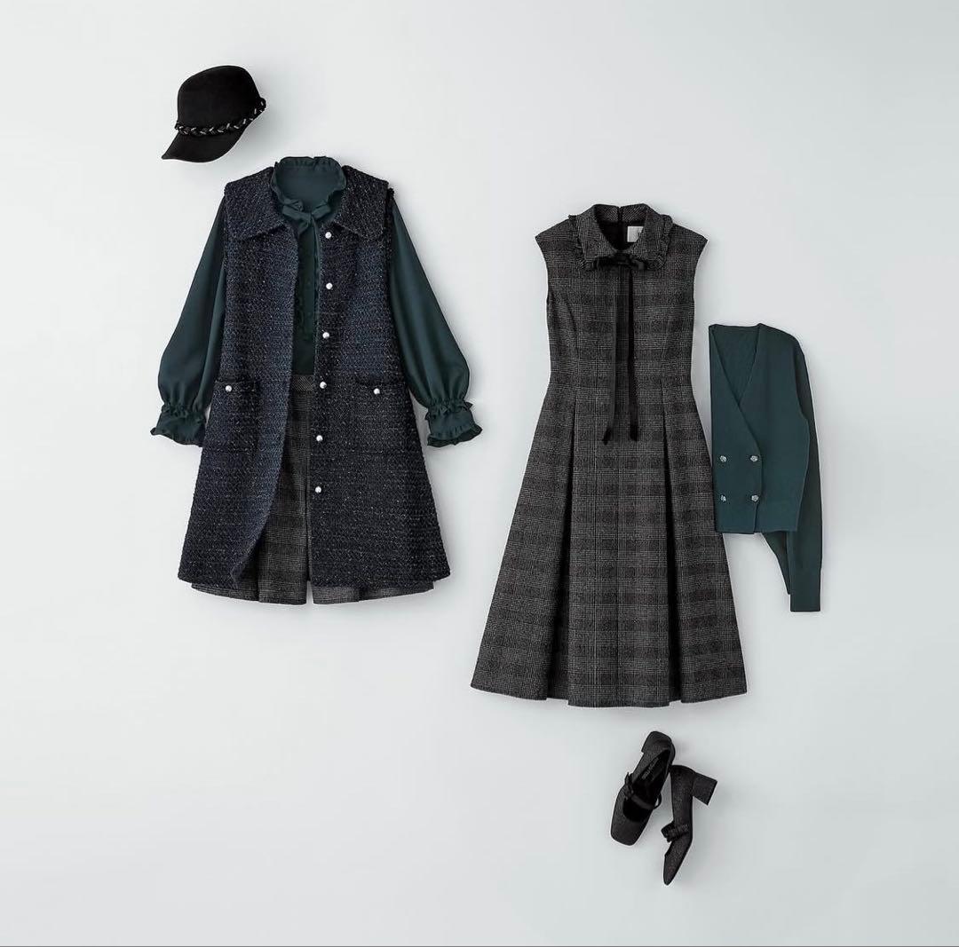 未使用品♡Reneルネ2025新作♡ニットツイードジレ ネイビー×グリーン系