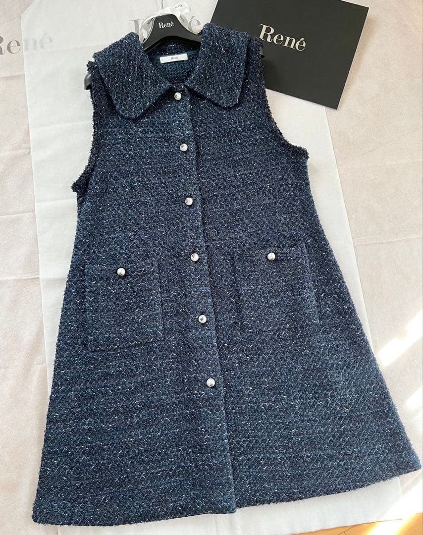 未使用品♡Reneルネ2025新作♡ニットツイードジレ ネイビー×グリーン系