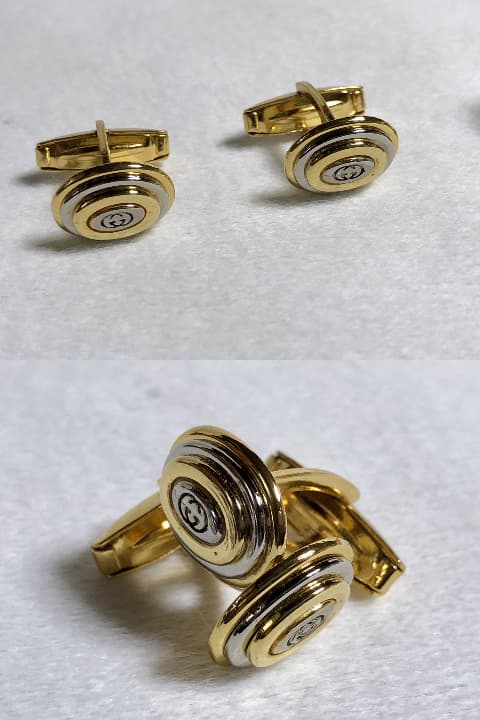 正規良 グッチ ヴィンテージ インターロッキング オーバルGGロゴカフス 金×銀