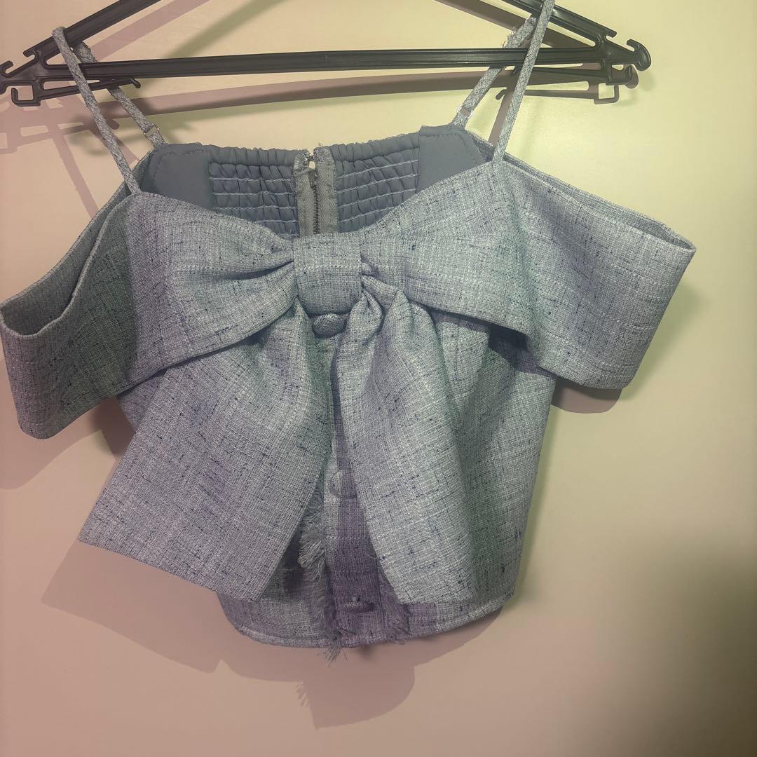 リップサービス ツイードリボンオフショルトップス ブルー