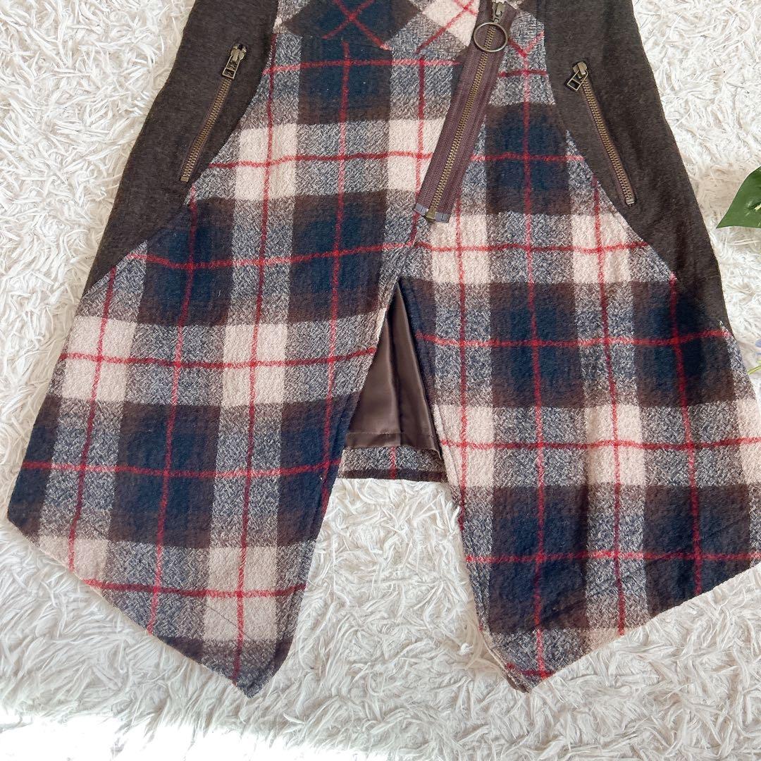 美品⁂センソユニコ⁂ロングチュニックベスト　ビッグカラー　アシメ　チェック切り替