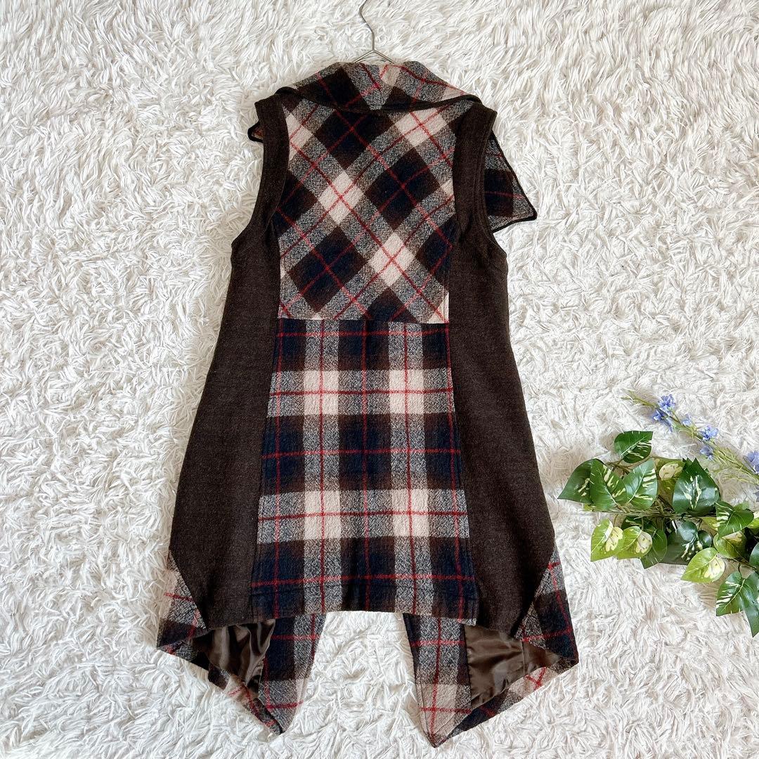 美品⁂センソユニコ⁂ロングチュニックベスト　ビッグカラー　アシメ　チェック切り替