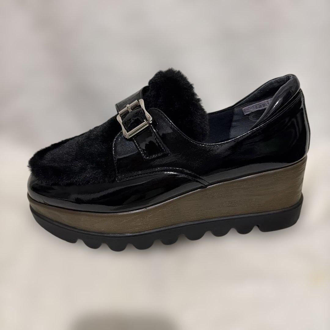 ヒルズアベニューOCEANICA ブラック エナメル ファー シューズ　厚底　黒