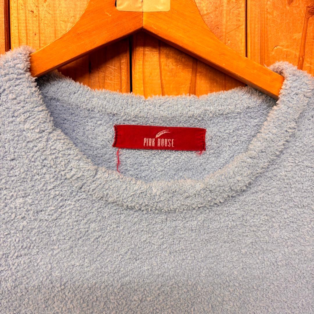 ピンクハウス 水色 ロゴリボン使い モコモコチュニックニット