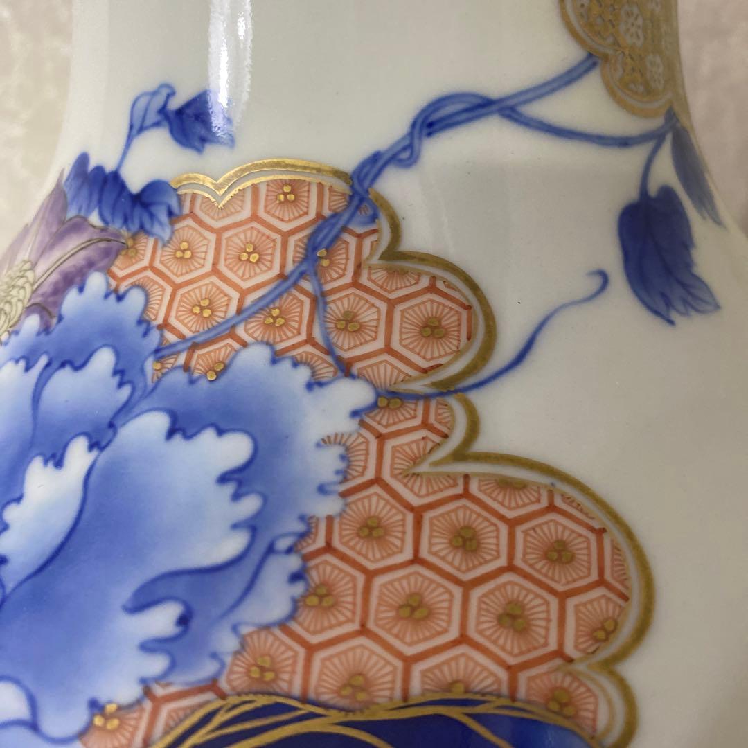 明治時代　オールド初期香蘭社　金彩牡丹染錦花瓶